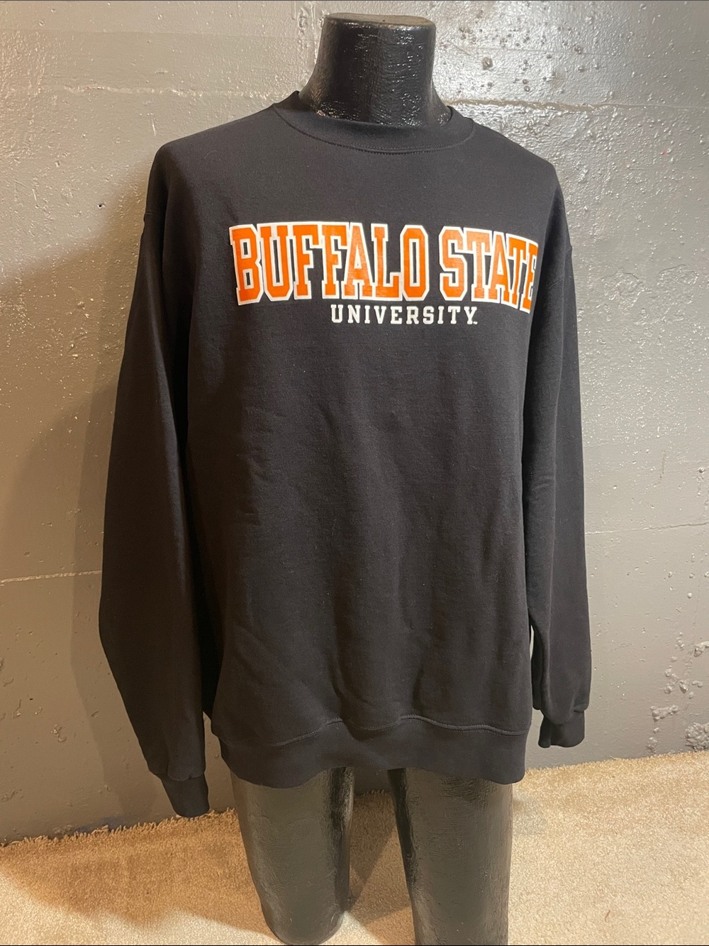 Champion Black Crewneck Sweatshirt with Orange & White Buffalo State Logo